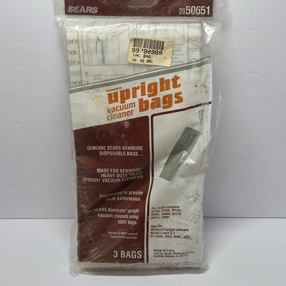 Sears Kenmore 50651 Upright 3 pack Vacuum Bags Also Fits Whirlpool Model U & U-1